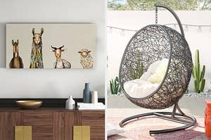on the left an animal portrait and on right a wicker hanging chair 