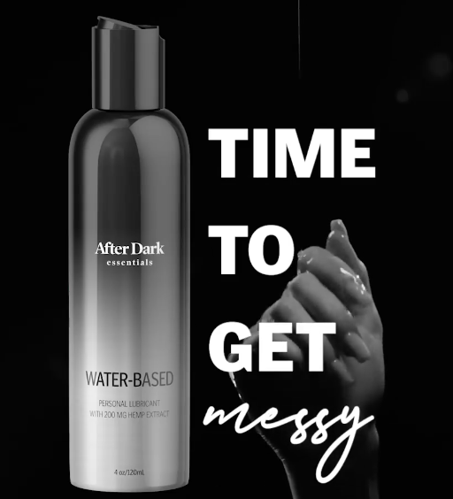 The After Dark Essentials water-based lube with text that reads &quot;time to get messy&quot;