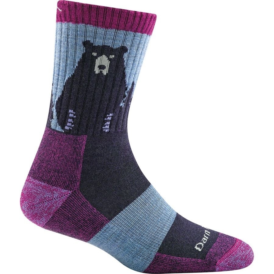 The purple sock with a bear body and face on the ankle