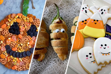 Candy arranged to look like a jack-o-lantern, jalapeno poppers that look like mummies, and halloween cookies