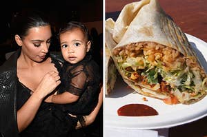 Kim and a baby North West on the left and a burrito on a paper plate on the right
