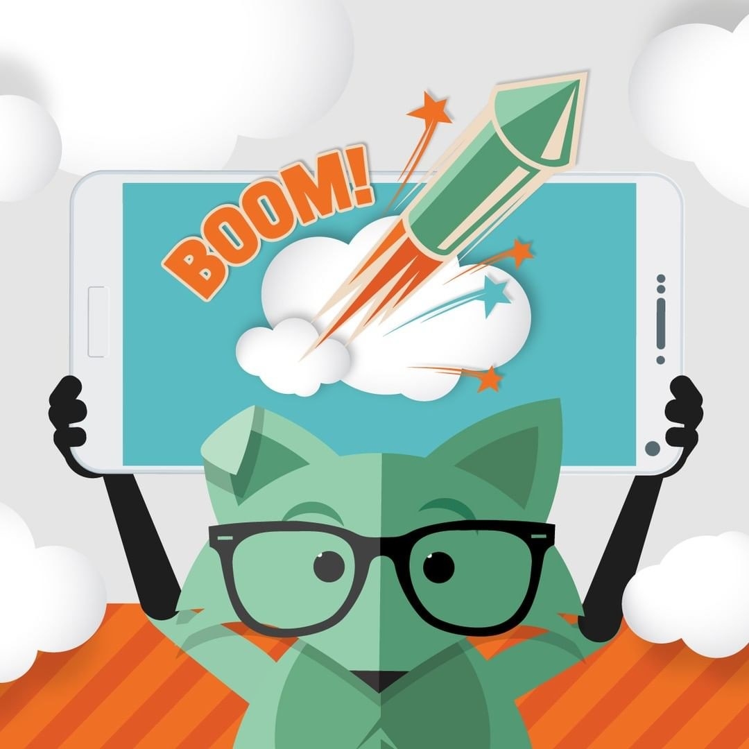 The green fox holding up an animated phone with the words &quot;boom&quot; and a firecracker on it