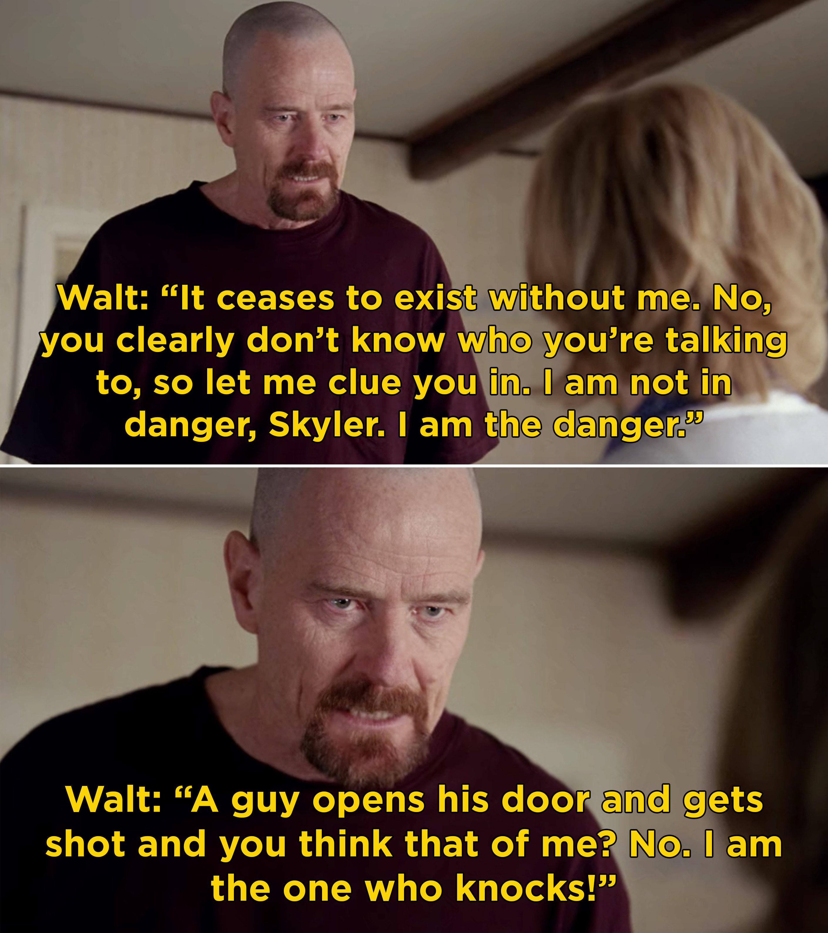 Walt explaining to Skyler that he&#x27;s not in danger and he&#x27;s &quot;the one who knocks&quot;