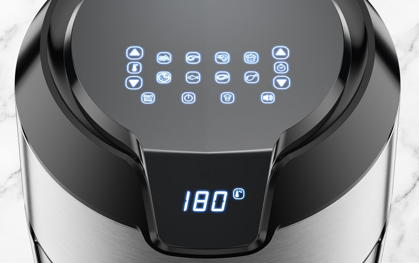 A top-down view of the air fryer&#x27;s large digital display screen