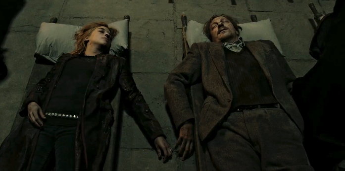 Tonks and Lupin dead on cots during The Battle of Hogwarts