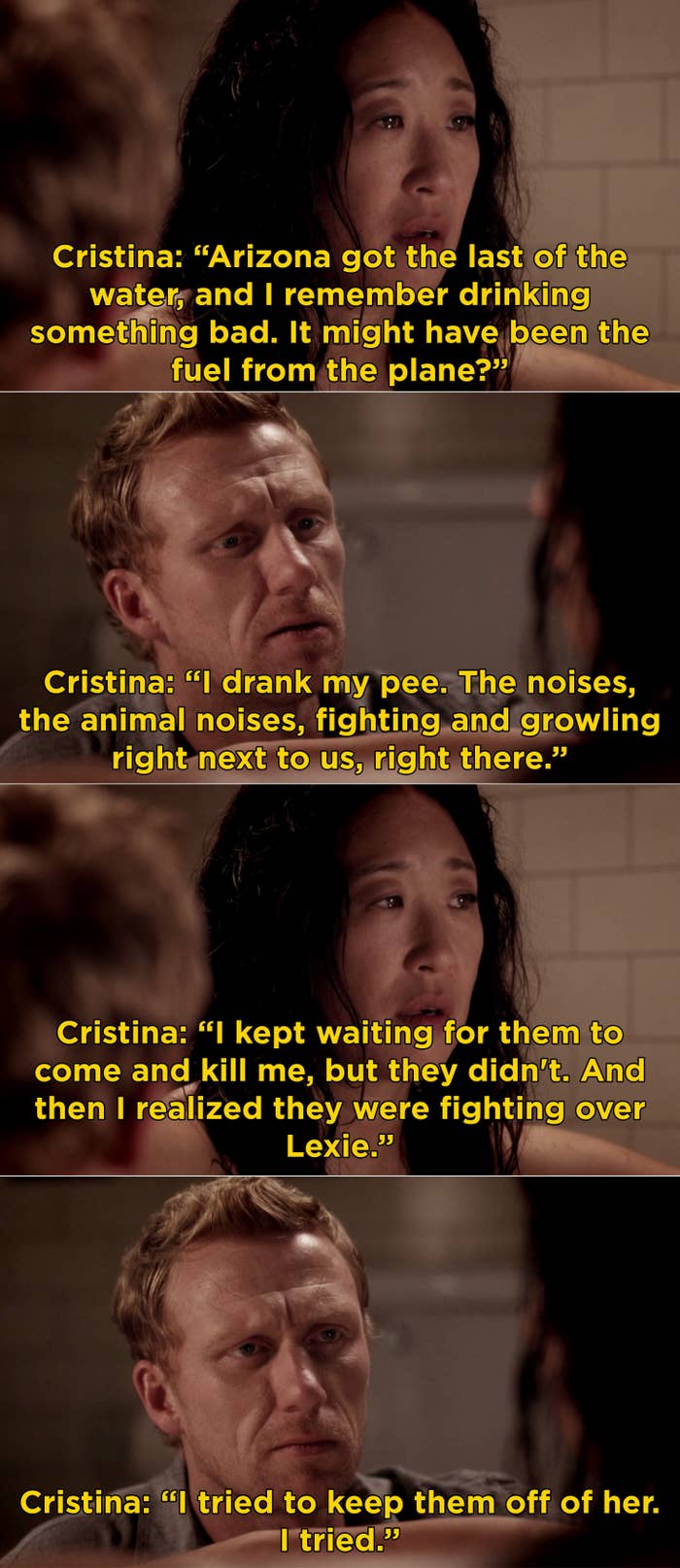Cristina from &quot;Grey&#x27;s Anatomy&quot; talking about how wolves fought over Lexie&#x27;s body after the plane crash