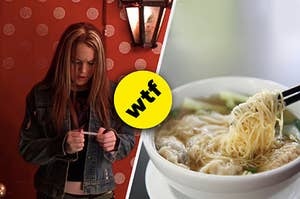 Lindsay Lohan looking concerned at a fortune cookie next to an order of soup