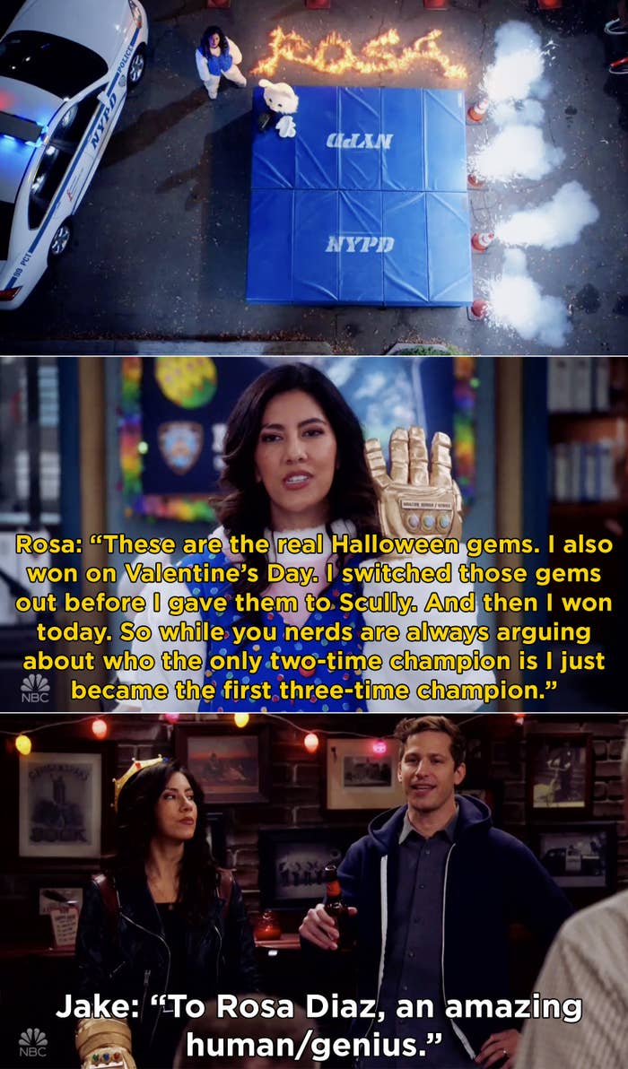 Rosa revealing that she got the Halloween Heist gems every single time and Jake crowning her an amazing human/genius