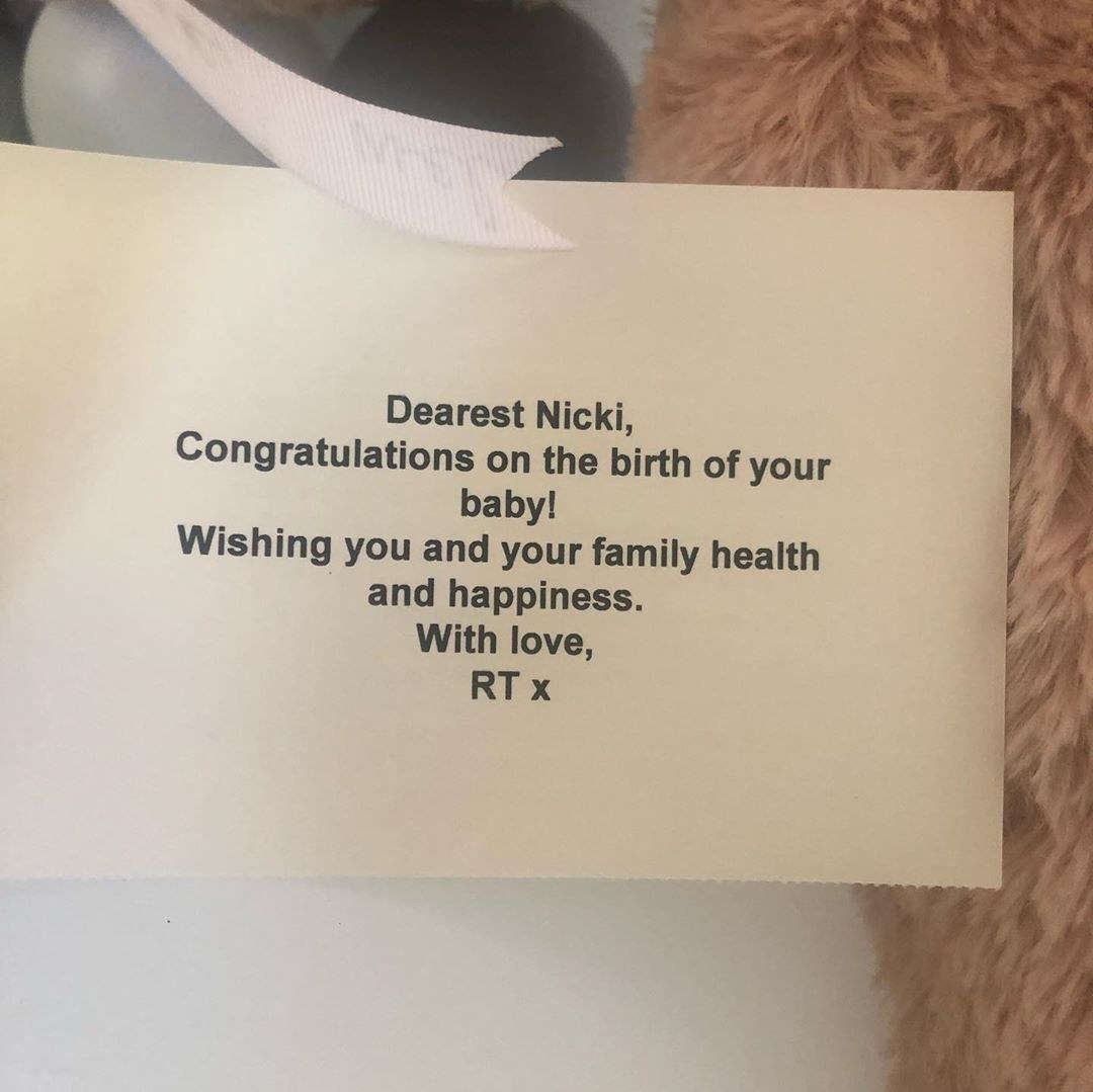 A note from Riccardo Tisci reading, &quot;Dearest Nicki, congratulations on the birth of your baby! Wishing you and your family heal and happiness&quot;
