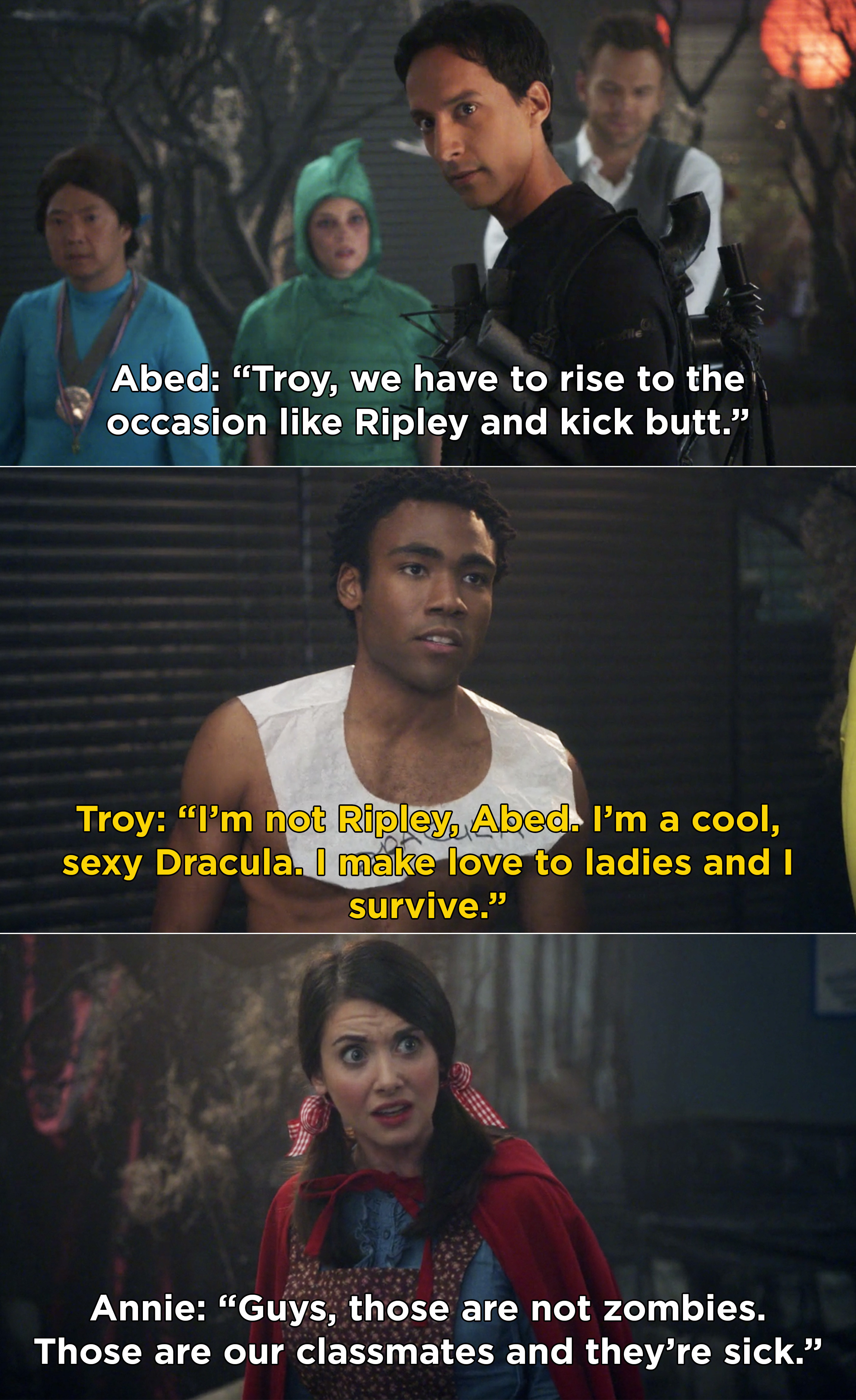 Abed trying to get Troy to help him, but Troy wants to continue being a &quot;cool, sexy Dracula&quot;
