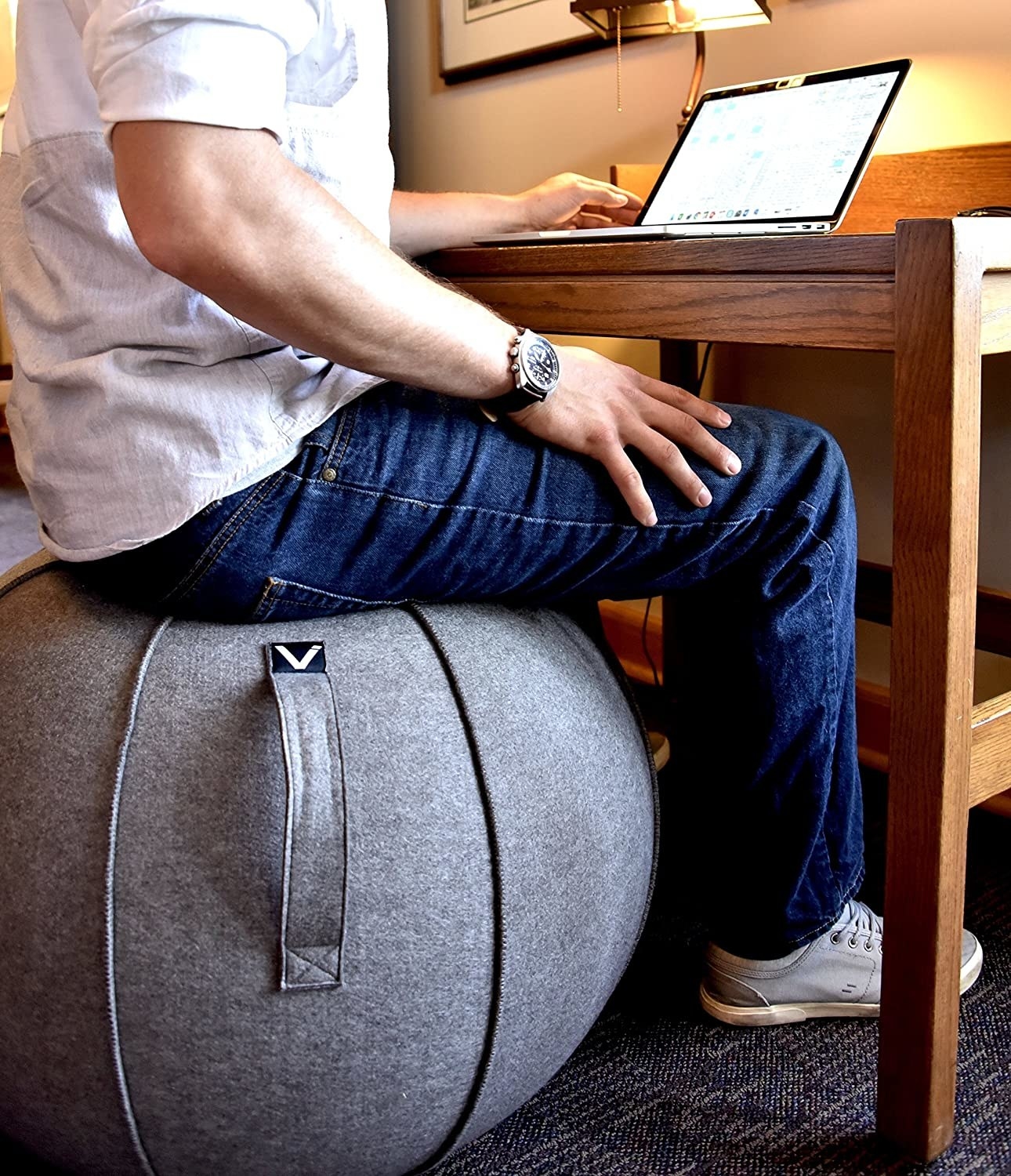 男子坐在灰色织物瑜伽球椅上，在笔记本电脑上工作