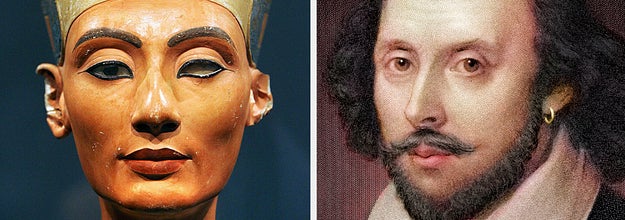 Side-by-side images of Nefertiti and William Shakespeare