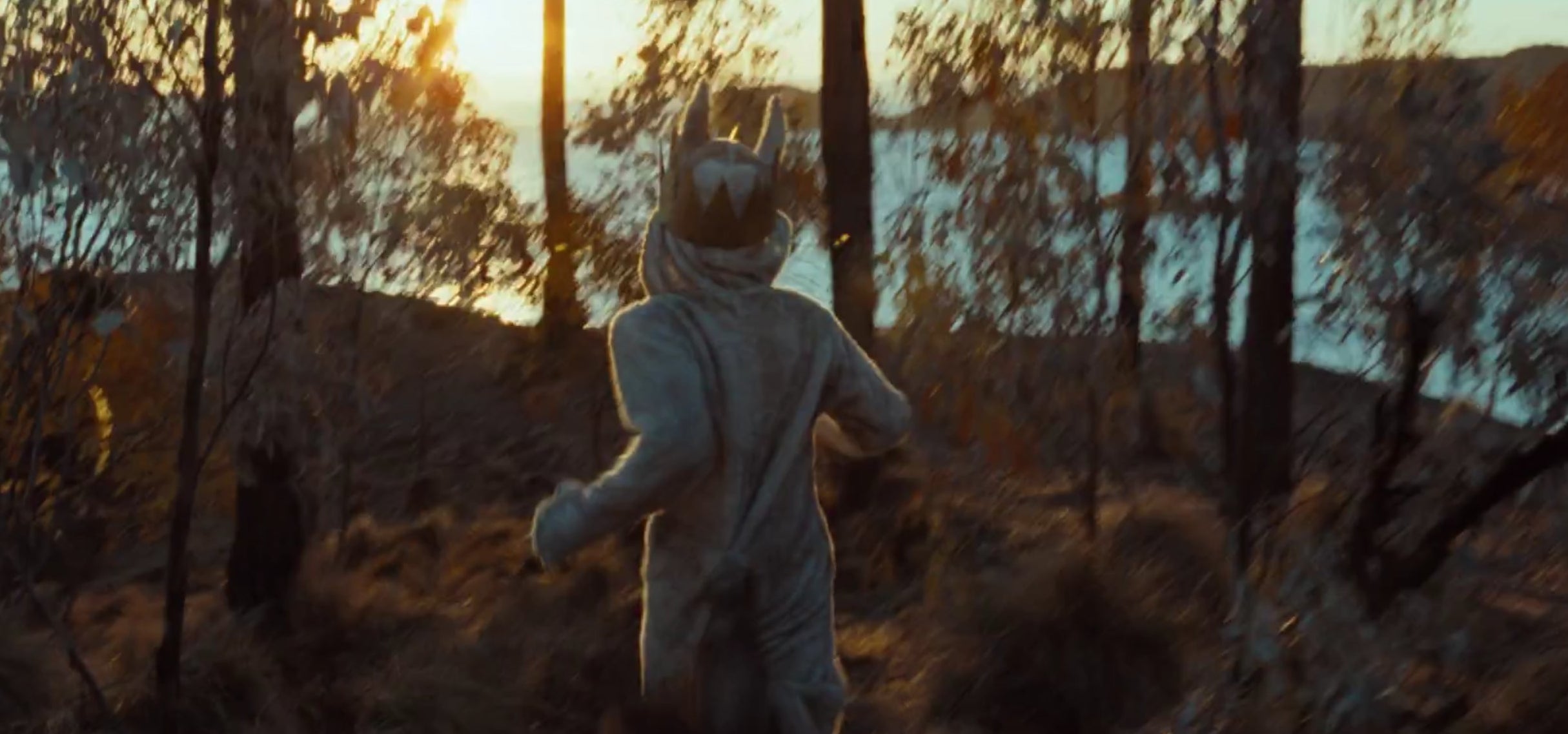A boy in a monster costume running through the woods