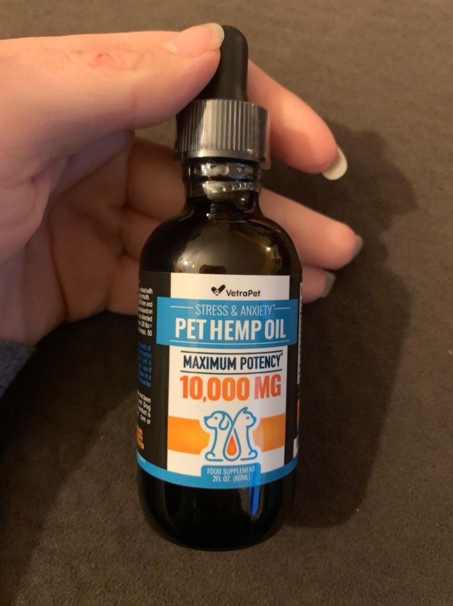A reviewer&#x27;s image of the pet hemp oil bottle