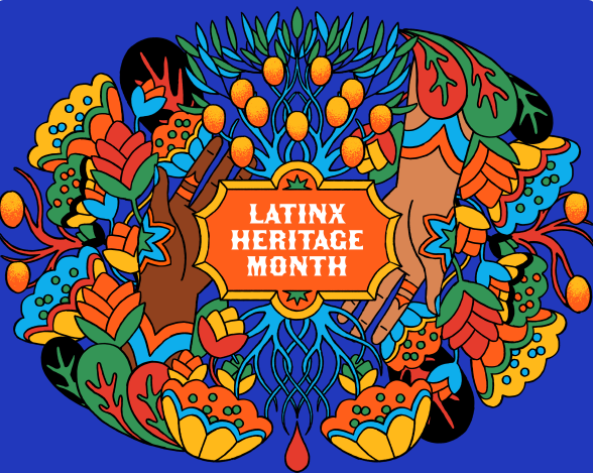 A colorful collage of flowers with the phrase &quot;Latinx Heritage Month&quot; in the middle