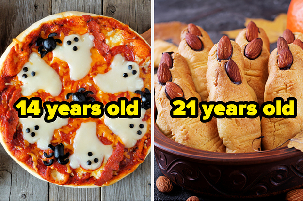 Pizza with cheese in the shape of ghosts and the words 14 years old, and cookies in the shape of fingers and the words 21 years old