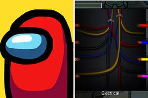 On the left, the app icon for "Among Us," and on the right, electrical wires in "Among Us"