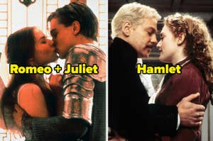 Romeo and Juliet kissing and the words Romeo + Juliet on top, and Hamlet and Ophelia embracing and the word Hamlet on top
