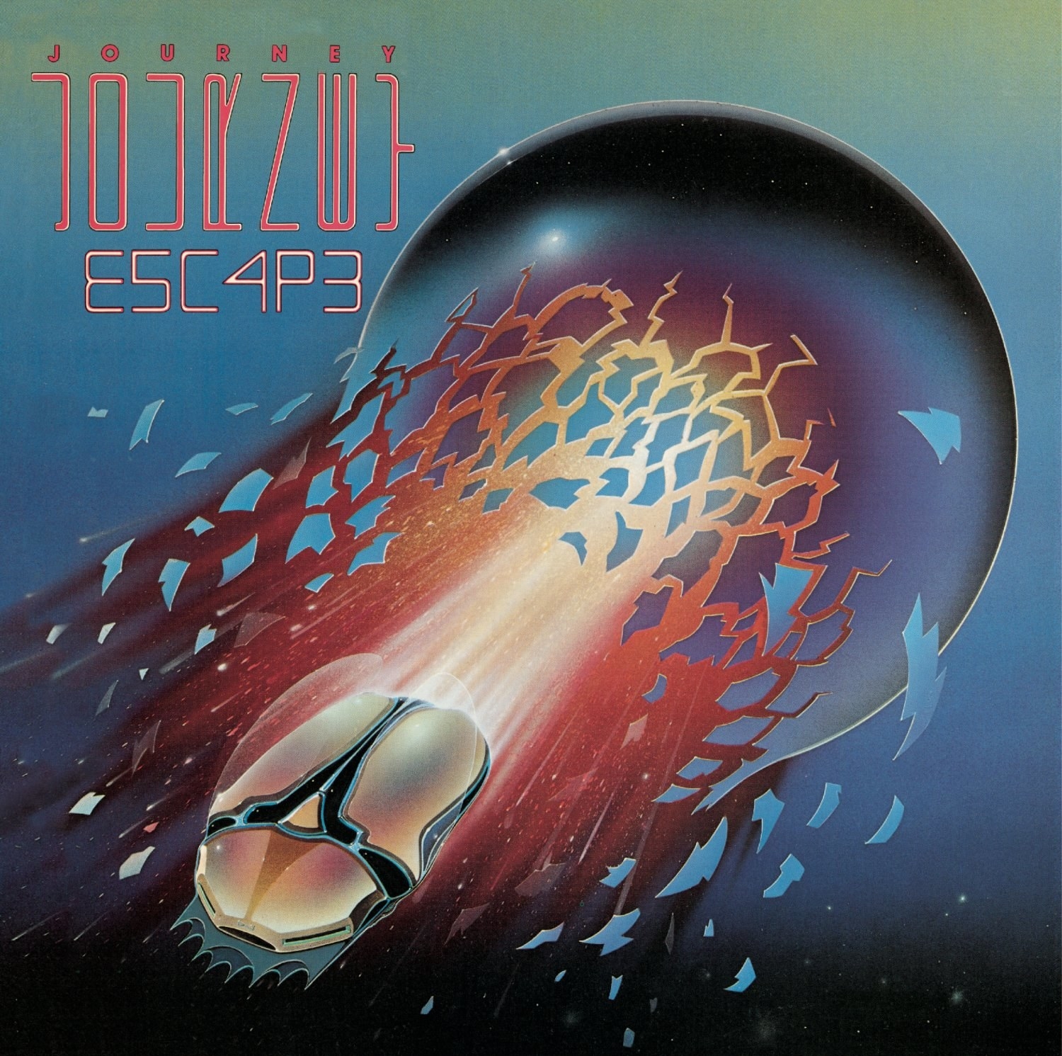 album cover of Escape showing a space ship bursting from a planet