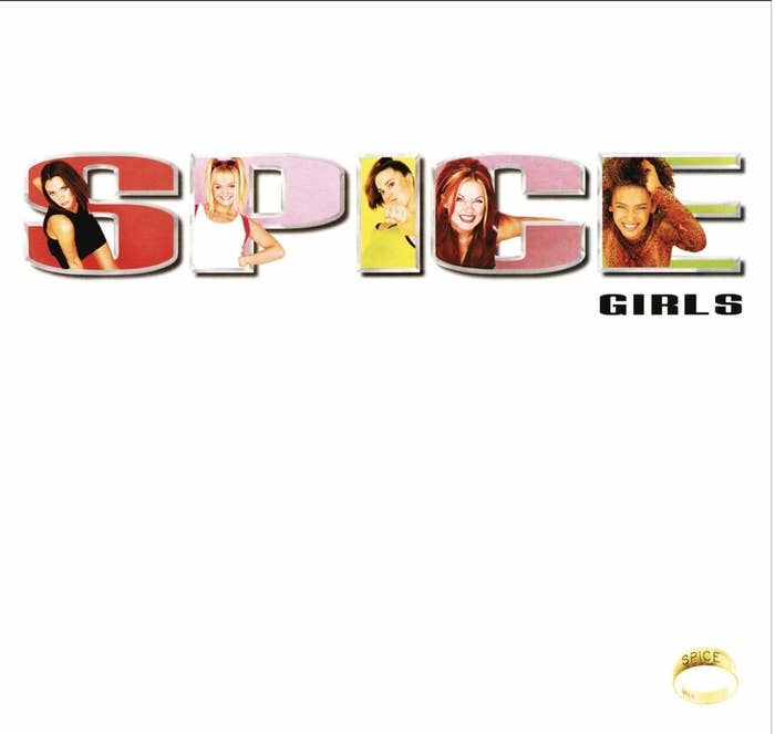 album cover of Spice showing a Spice Girl in each letter of the word