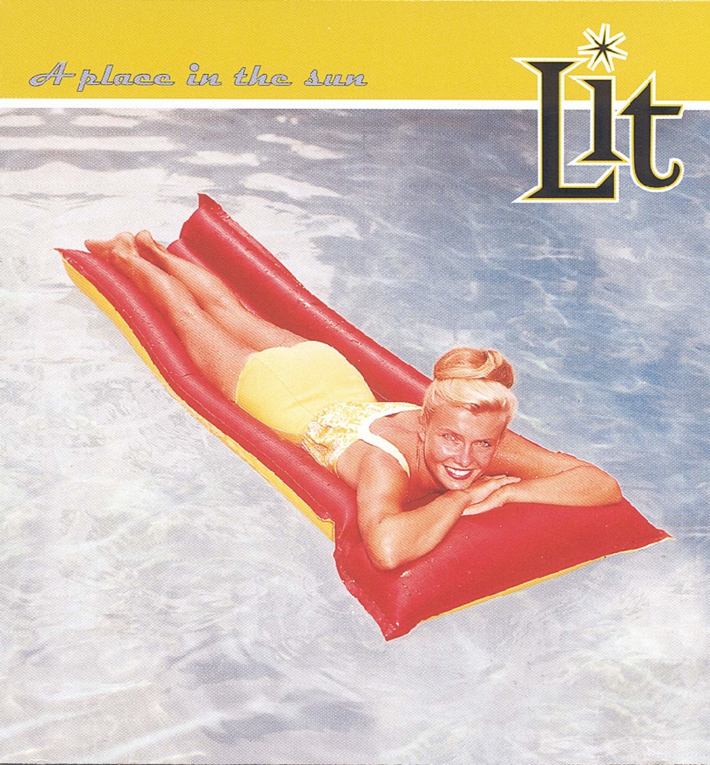 album cover of A Place in the Sun showing a blonde woman laying on her stomach on a pool float