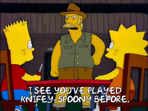 A shot from a Simpsons episode where Bart and Lisa are at a table; an Australian man says to them &quot;I see you&#x27;ve played knifey-spoony before&quot;