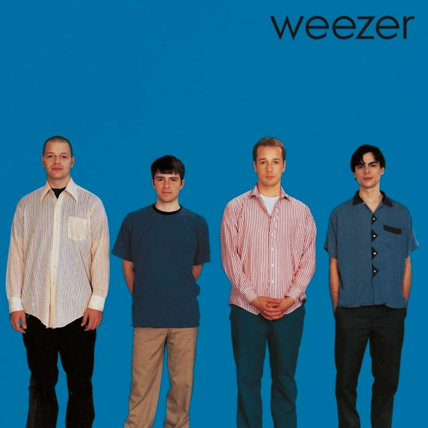 album cover of Weezer&#x27;s Blue Album showing all four members standing in a row