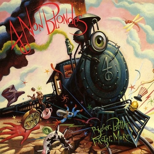 album cover of Bigger, Better, Faster, More! with a depiction of a train with anthropomorphic items, like a clock with a face, teacup holding tea with a face, etc., being pushed out of the way 