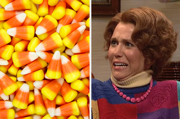 An image of Candy corn next to an image of Kristen Wiig looking scared