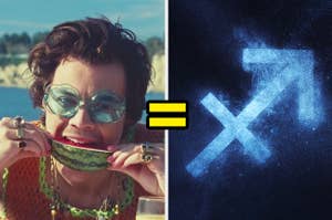 An image of Harry Styles from the watermelon sugar music video next to the zodiac symbol for sagittarius