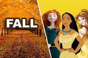 A fall scene with Merida, Pocahontas, and Belle hanging out in it