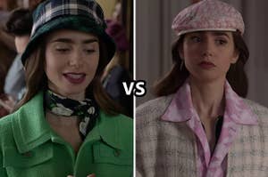 (left) Emily in a green plaid bucket hat, floral neckerchief, and green coat; (right) Emily in a pink golf hat, pink camo button up, and pink coat; overlaid text "vs" between them