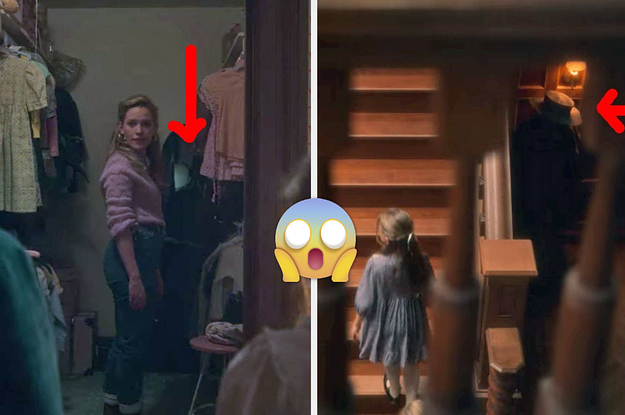 Side by side photos of The Haunting of Bly Manor with red arrows pointing to hidden ghosts in the background