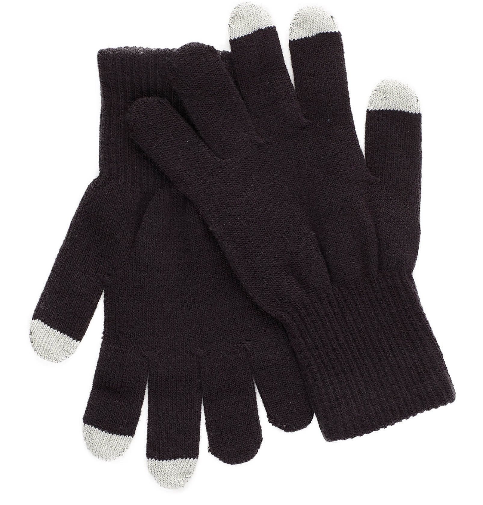 A pair of knit gloves with a different colour the tips of the thumb and two fingers