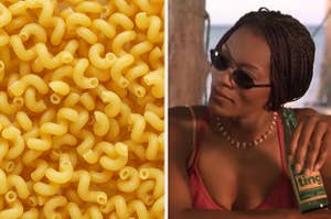 Cavatappi pasta on the left, and stella from how stella got her groove back on the right drinking a beer