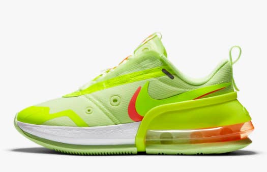 Neon yellow Nike Air Max Up Sneakers with a green upper and red and clear heel