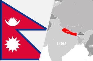 Flag of Nepal and Nepal in red on a map of Asia