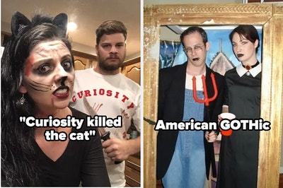 Two Halloween costumes: "curiosity killed the cat" and "American GOTHic"