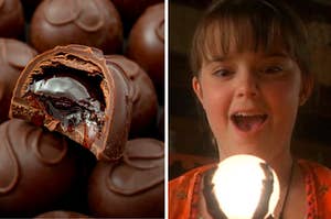 A chocolate truffle on the left and marnie from halloweentown on the right