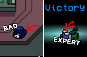 On the left, a dead body in "Among Us" with an arrow pointing to it and "bad" written next to it, and on the right, two "Among Us" players with "Victory" written overhead and an arrow pointing to them with "expert" written next to them