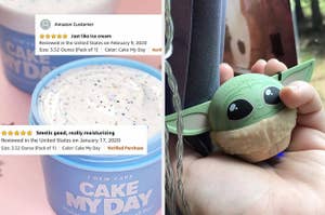 on the left a birthday cake mask and on the right reviewer holding baby yoda speaker 