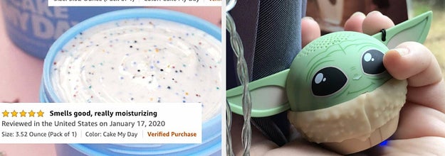 on the left a birthday cake mask and on the right reviewer holding baby yoda speaker