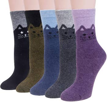 The socks in gray and black, black and olive, blue, gray, and purple