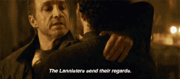 At the Red Wedding, Robb is stabbed and told the Lannisters send their regards