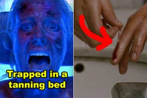 Side-by-side of a woman from "Final Destination 3" getting trapped in a tanning bed and being burned alive, and another pic of Nina from "Black Swan" pulling her hangnail skin alllll the way down her finger