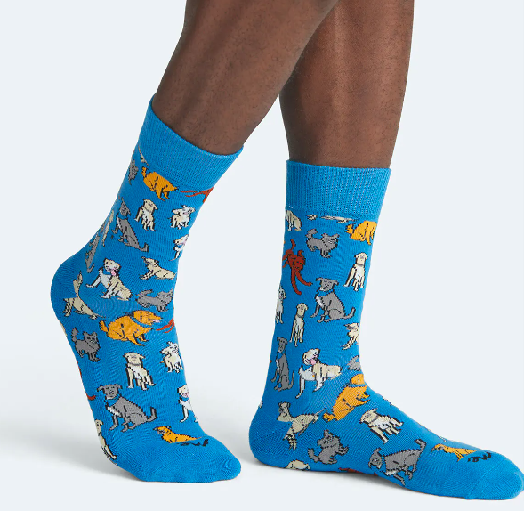 A model wearing the teal socks printed with different breeds of dogs