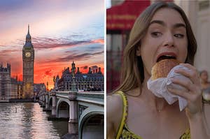 On the left, London and Big Ben at sunset, and on the right, Emily Collins takes a bite of a croissant as Emily in "Emily in Paris"