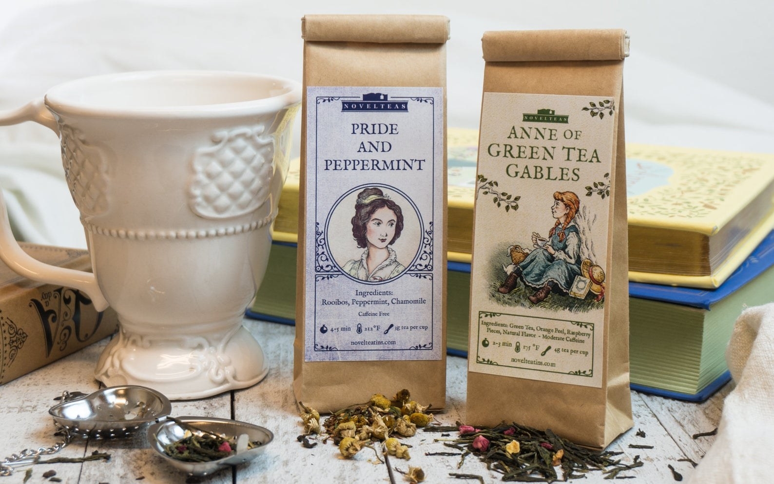 Two brown bags with tea in them labeled "Pride and Peppermint" and "Anne of Green Tea Gables"
