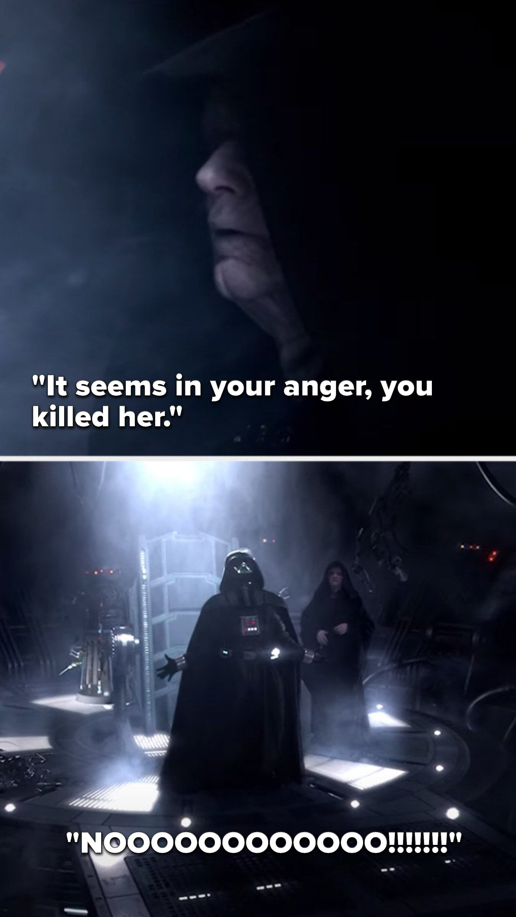 Palpatine says, &quot;It seems in your annger you killed her,&quot; and Anakin/Darth Vader just screams &quot;No&quot;