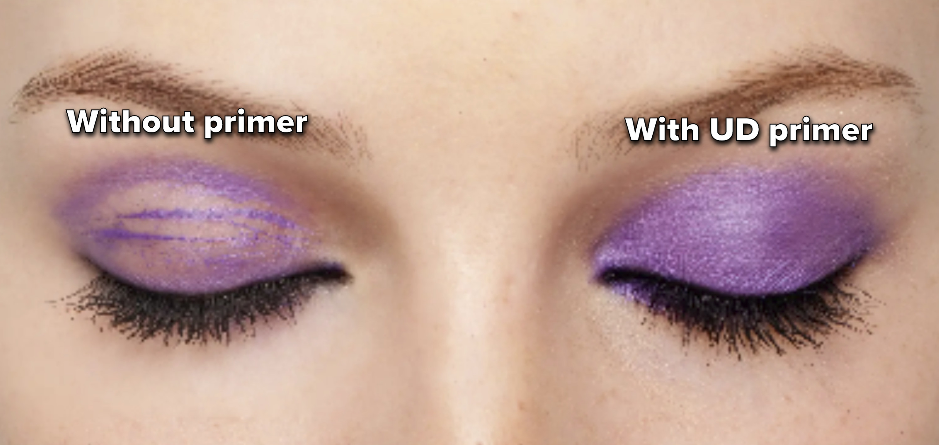 left side shows a model&#x27;s eyelids with faded shimmery purple eyeshadow and the right eyelid shows the eyeshadow with primer which is fully intact